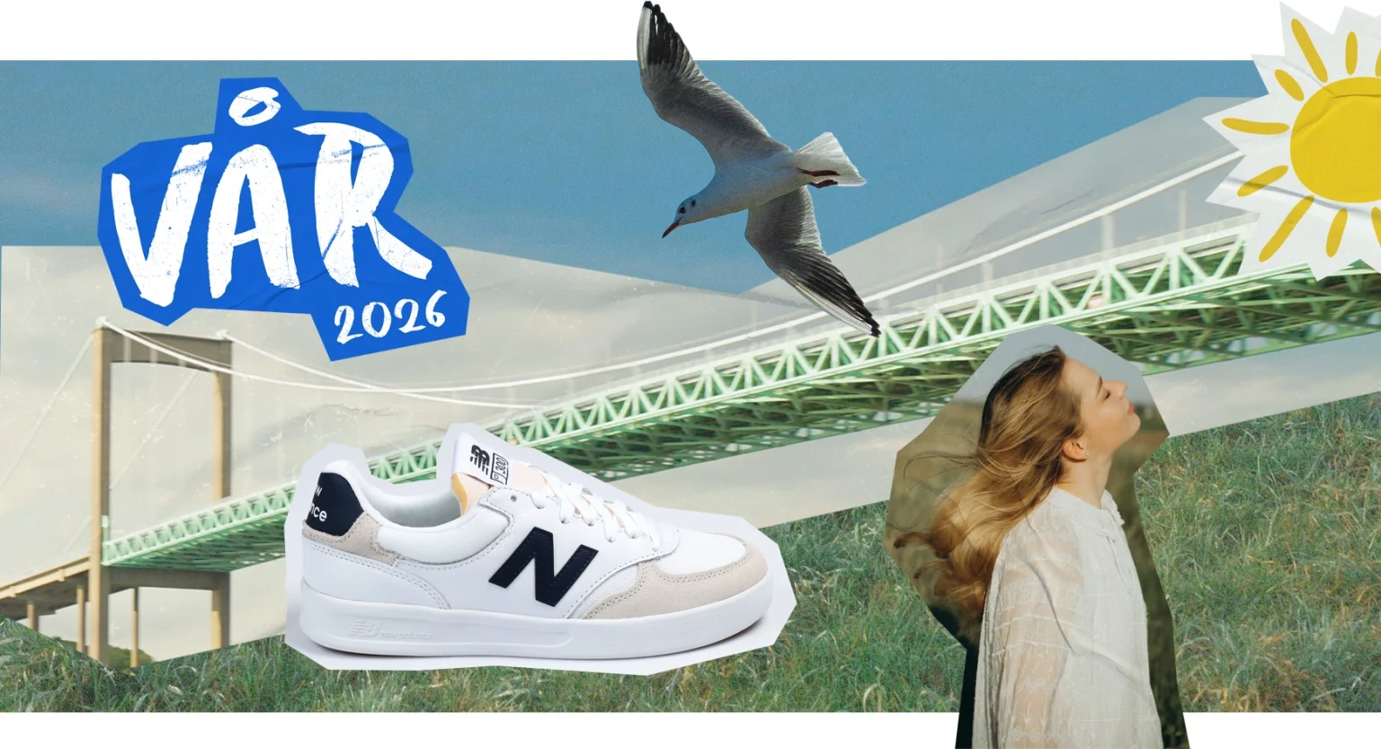 Collage av bilder på gräs, älvsborgsbron, himmel, en sneakersko. Text Vår 2026 över bild.